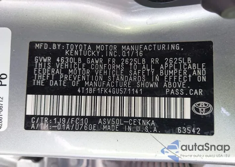 2016 Toyota Camry Le z USA, uszkodzony, nr VIN 4T1BF1FK4GU571141